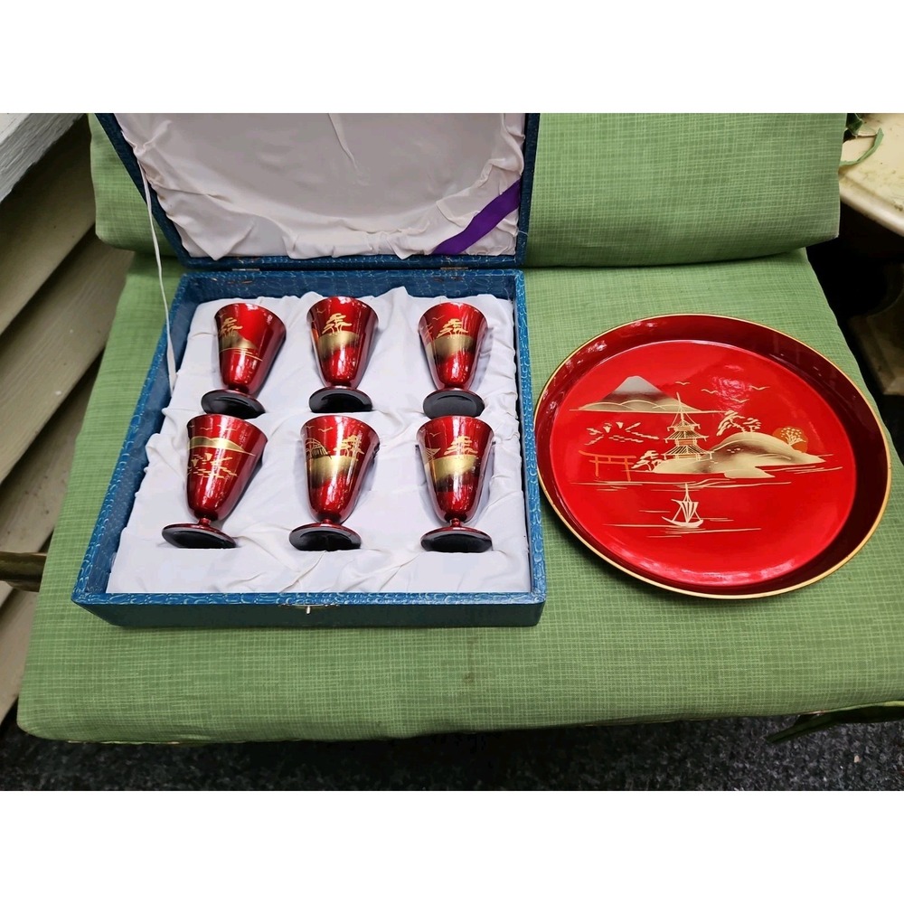 Japanese Aizu Lacquerware Sake Cups Tray Set MT FUJI Red Lacquer Gold Gilt VTG